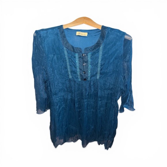 L Fashion Tops - L Fashion Dark Teal-Blue Semi-Sheer Crinkled Peasant Blouse Fairy-Core Boho Top
